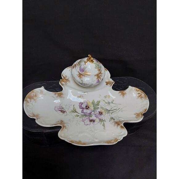 D& C Limoges Delinieves & Cie French Dresser Tray Purple Pansies porcelain Gold - Picture 1 of 8